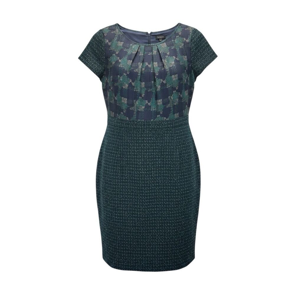 NWT Talbots Preppy Wool Blend Tweed Plaid Sheath Dress Navy Green Metallic 16